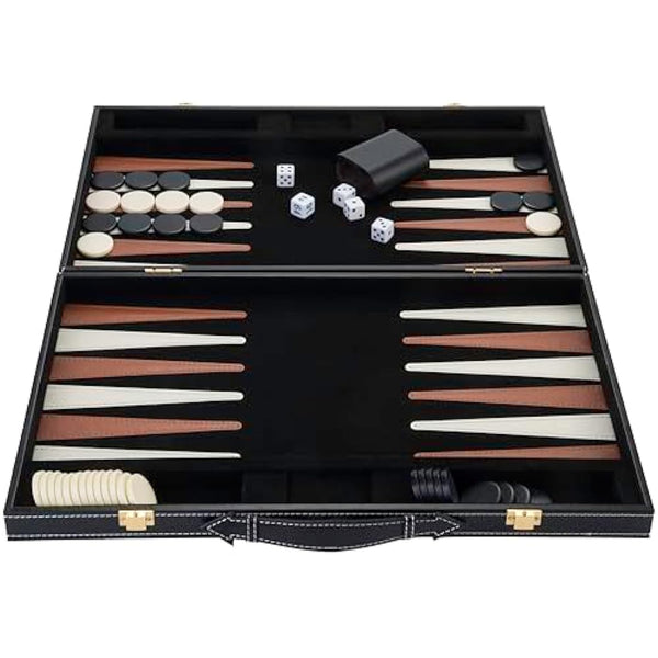 Engelhart – 250504 – Deluxe Backgammon Game 18” – Brown/Ivory – Open: 45.5 x 30.5 x 6 cm –Felt interior – Faux leather points – Metal clasps – 2 players – 5 dice, 2 cups matching checkers