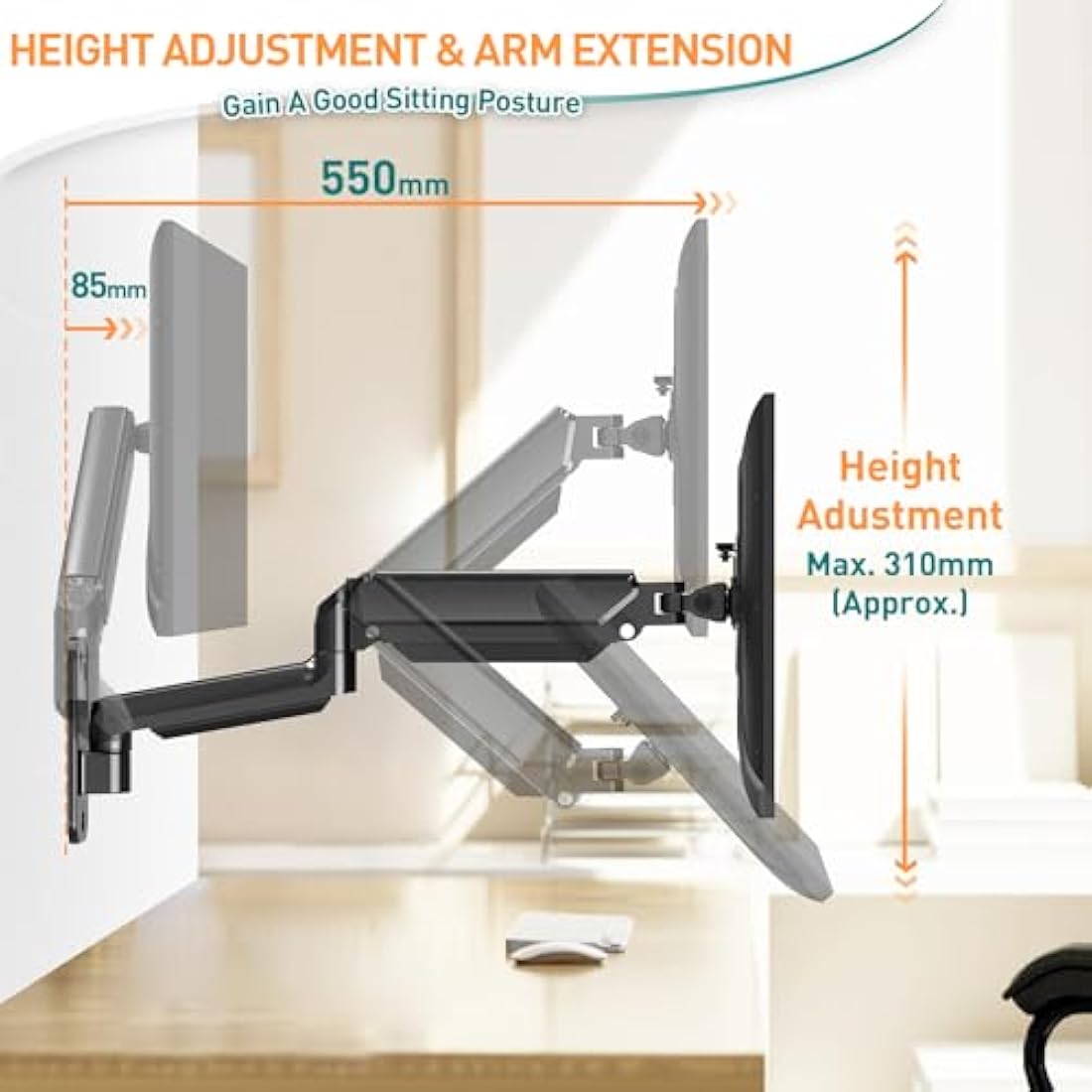 ELIVED Monitor Wall Mount for Most Max 35 inch Screens, Gas Spring Single Monitor Arm with VESA Extension Kit for VESA 75x75, 100x100, 100x200, 200x100, 200x200, Support 3-12KG Display EV6023