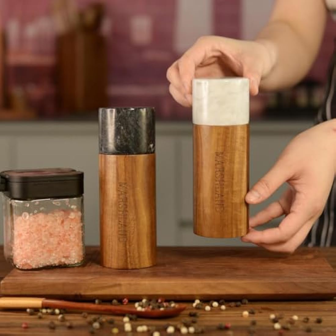Marshland UK Salt and Pepper Grinder Set - Spice Grinder Made from Acacia Wood and Marble, Set of 2 Salt Grinder and Pepper Mill - Wood Color