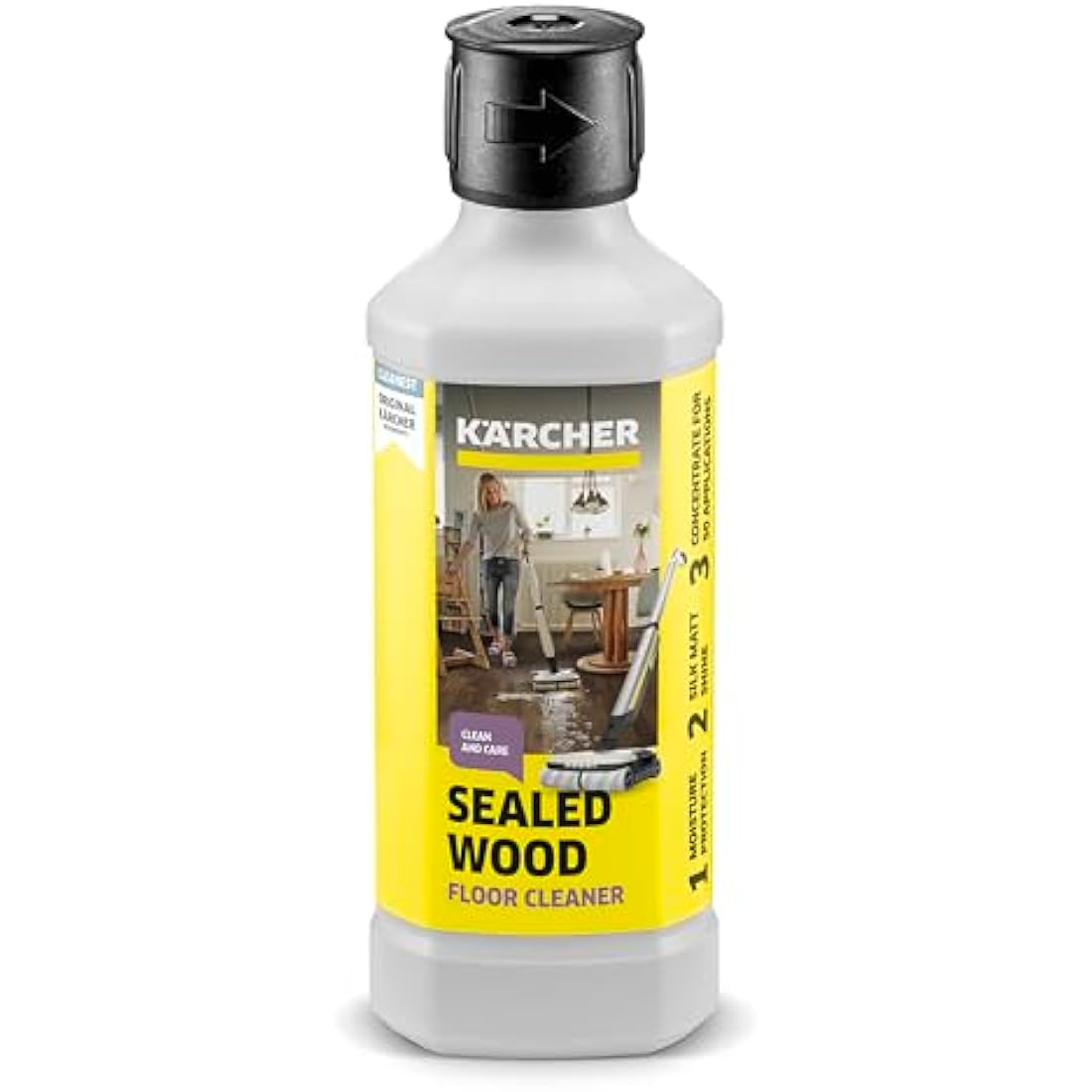 Kärcher floor cleaning and care RM 534 for sealed wooden floors, with effective moisture protection against swelling of the floor, 500ml concentrate makes 40l cleaning liquid when diluted.