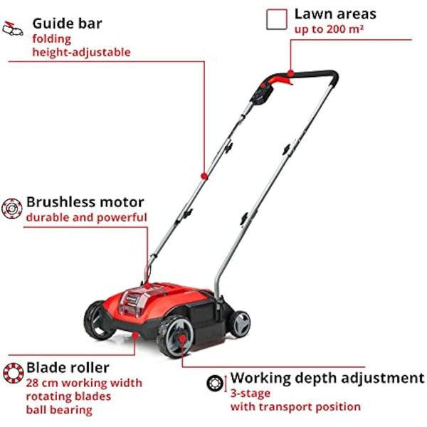 Einhell Power X-Change 18V Cordless Lawn Scarifier - Brushless Motor, 28cm Raking Width, 3 Working Depths, For Lawns And Gardens - GC-SC 18/28 Li Solo Lawn Rake (Battery Not Included)