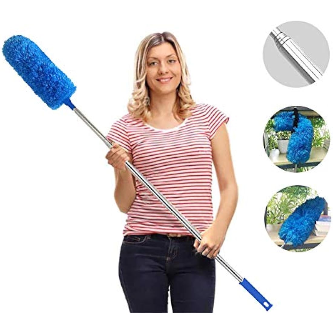 Feather Duster,Duster Extendable for Cleaning with Telescoping Extension Pole Extendable Duster for Cleaning High Ceiling Fan,Blinds, Baseboards,Cars(Blue)
