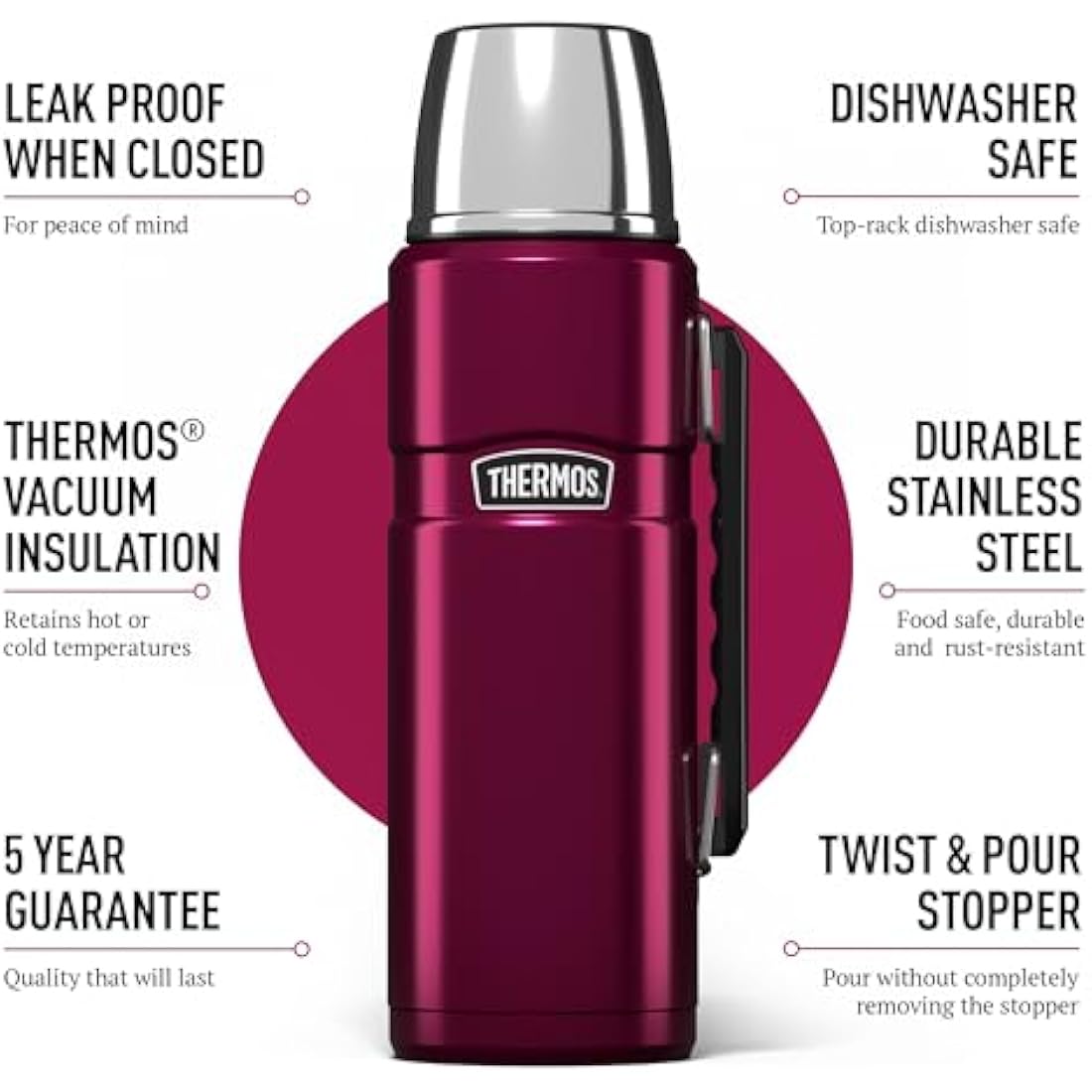 Thermos - Stainless King Raspberry Travel Flask (1.2L) - Premium Leak Proof Insulated Tea & Coffee Flask, Hot & Cold Drinks, Built-in Cup, Twist-Pour Stopper, BPA-Free, Durable Steel, Dishwasher Safe