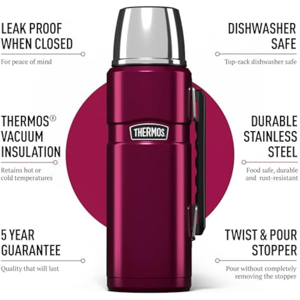 Thermos - Stainless King Raspberry Travel Flask (1.2L) - Premium Leak Proof Insulated Tea & Coffee Flask, Hot & Cold Drinks, Built-in Cup, Twist-Pour Stopper, BPA-Free, Durable Steel, Dishwasher Safe
