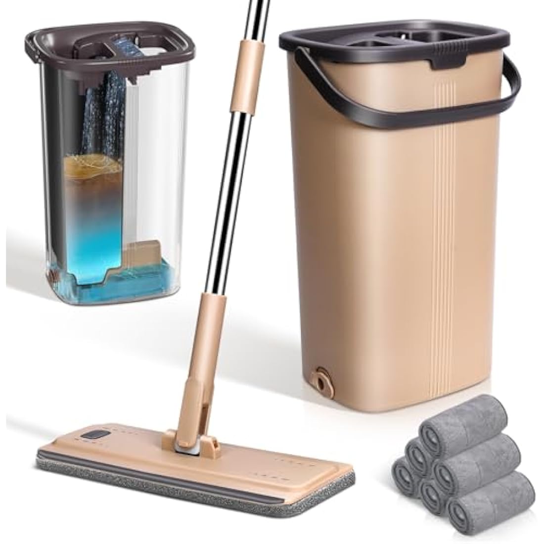 MASTERTOP Mop and Bucket, Hands Free Flat Mop and Buckets Sets with Wringer, Wet and Dry Squeeze Floor Mops with 6 Replacement Mop Pads, Compact Cleaning System, Mops for Cleaning Floors