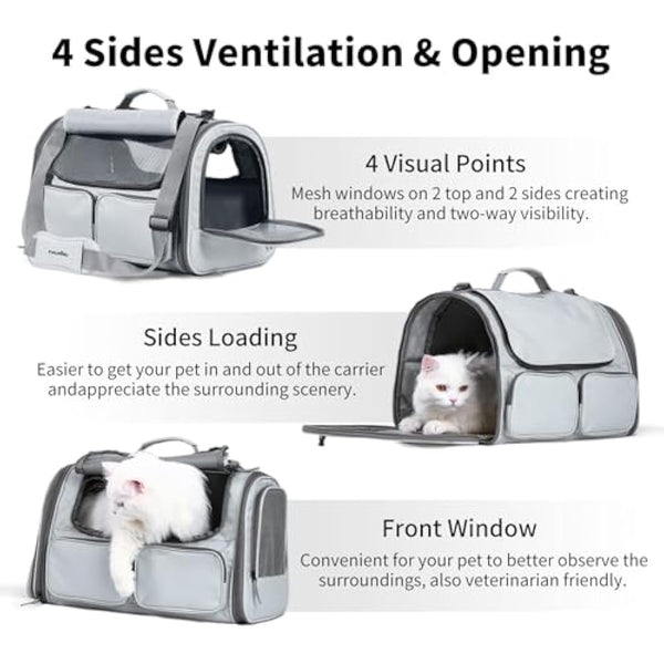 FUKUMARU Cat Carrier, Soft-Sided Small Dog Carrier, Large Cat Travel Bag with 4 Mesh Windows, Airline Approved Pet Carrier with 4 Storage Pockets, Rollable Cover for Nervous Pets, Grey