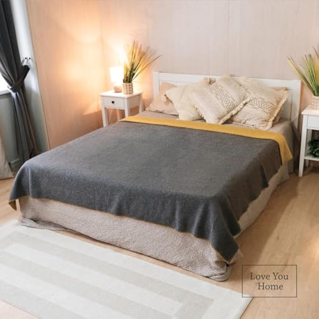 LYHome Travel Blanket - Extra Warm Picnic Throw, Bed Camping Outdoor Wool Blankets, Cozy Soft Throws, Military Army and Garden Outside Use (59x84 in | 150x215 cm | Gray - Mustard Double-sided)