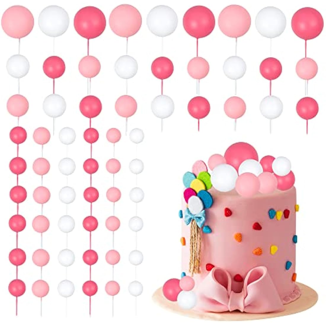 Gyufise 30Pcs Ball Cake Picks Mini Balloons Colorful Ball Shaped Cake Topper Pearl Balls Cupcake Cake Insert Topper for Birthday Party Wedding Decoration Supplies Pink White Rose Red