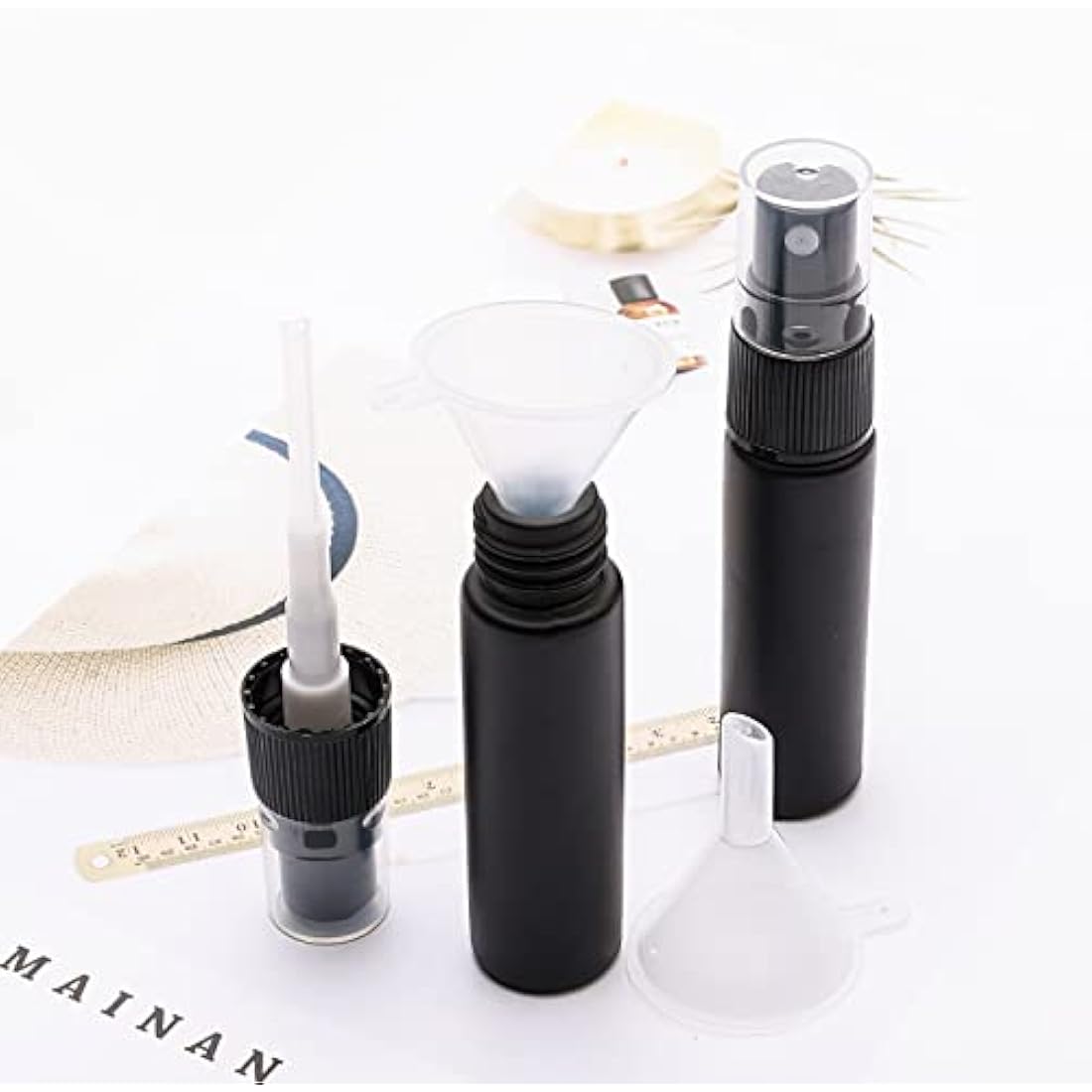 Unxuey 10 pcs 10 ml Pure Black Perfumes Spray Bottles, Glass Empty Dispenser Atomizer Refillable Sample Container for Various Water based Liquids with 10 Funnels+5 Droppers