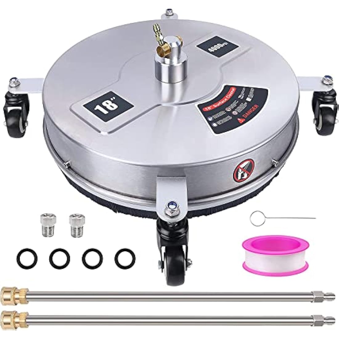 15" Pressure Washer Surface Cleaner with 4 Wheels, Stainless Steel Housing & 1/4" Quick Connector, Power Washer Attachment with 2 Extension Wands, 2 Replacement Nozzles, 4000 PSI (15inch)