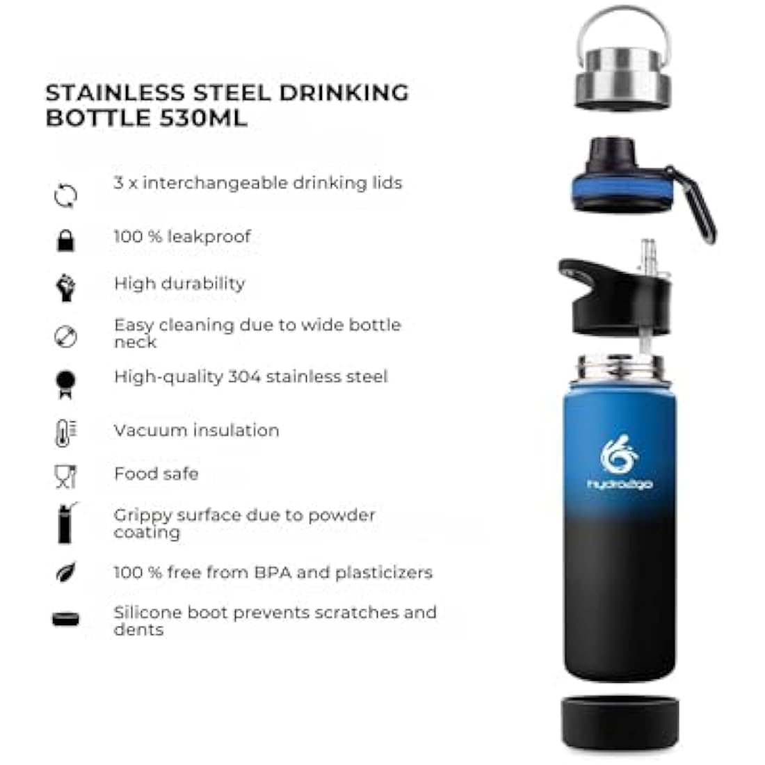 hydro2go Stainless Steel Water Bottle – BPA-Free Bottle for Kids, School, Sports & Outdoor – Keeps Drinks Hot for up to 12H and Cold for up to 24H – Includes 3 Drinking Caps – 530ml (Space)