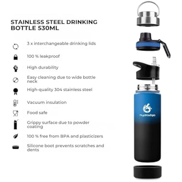 hydro2go Stainless Steel Water Bottle – BPA-Free Bottle for Kids, School, Sports & Outdoor – Keeps Drinks Hot for up to 12H and Cold for up to 24H – Includes 3 Drinking Caps – 530ml (Space)