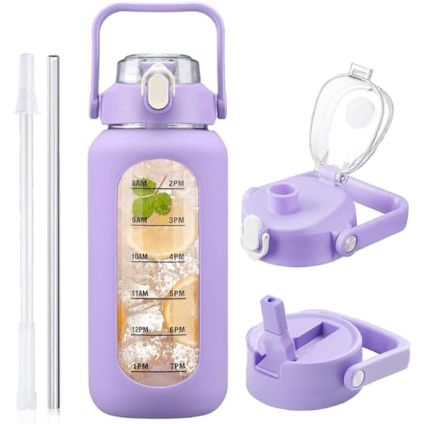 HYDRAGLAZIC 2L Glass Water Bottle with 2 Lids Flip and Chug Lids 2 Liter Large Water Jug with Time Marker and Silicone Sleeve BPA Free Leak-proof for Sports Gym, Purple