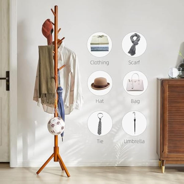Aibiju Coat Rack Free Standing, Coat Tree With 8 Hooks and 3 Height Options, Wood Coat Hanger Stand, Suit for Adults,Kids, Home/Entryway/Hallway (Brown),YD-1006
