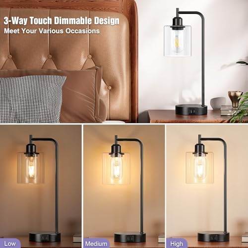 Aooshine Bedside Lamps Set of 2, Industrial Touch Lamps Bedside with USB C+A Charging Ports, Bedside Table Lamps for Bedroom, Black Bedside Lamps with Clear Glass Shade for Living Room(Bulbs Included)