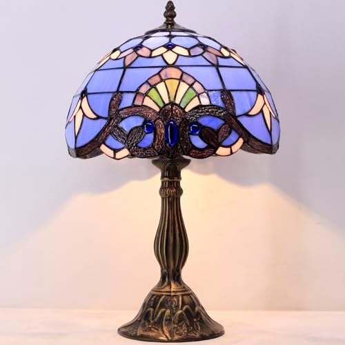 4MYHOME Tiffany Lamp Blue Purple Stained Glass Table Lamp 12X12X18 Inches Baroque Style Lavender Bedside Reading Desk Light Decor Bedroom Living Room Home Office S003C Series