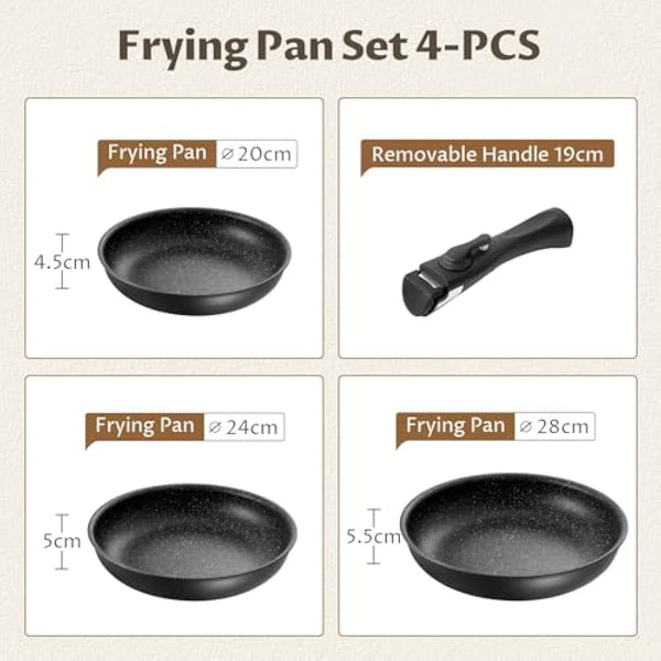 Fadware Non Stick Frying Pan with Removable Handle, Non Stick Frying Pan Set for Induction Hobs, 4 Pieces Frying Pan Set for All Hobs