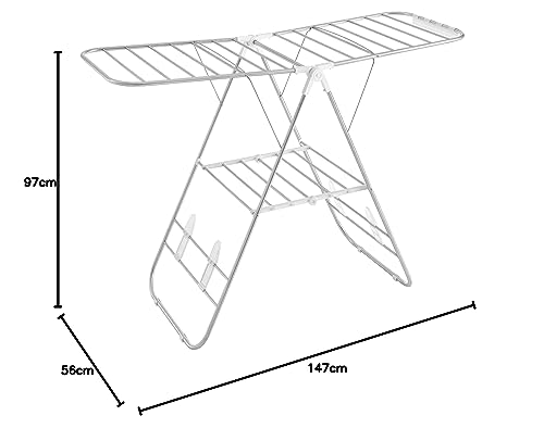 SONGMICS Clothes Airer, Foldable Clothes Drying Rack, Clothes Horse with Height-Adjustable Wings, Free-Standing Laundry Drying Rack, Indoor and
