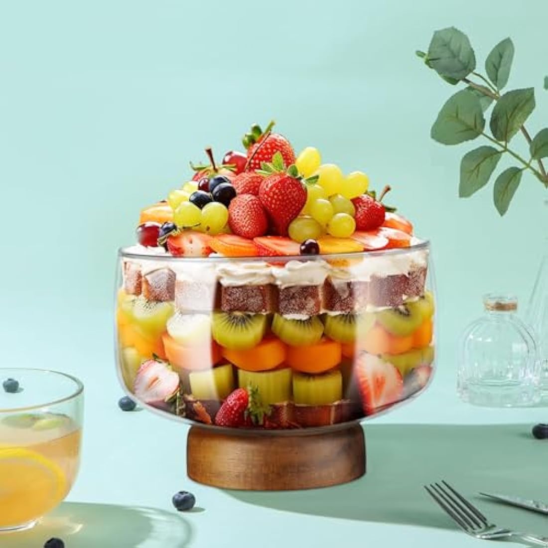 NiHome 123oz/3.6L Large Glass Trifle Bowl with Elegant Acacia Wood Stand, Versatile Serving Dish for Cakes, Salads, Desserts, Stylish Display for Parties, Weddings, Special Occasions