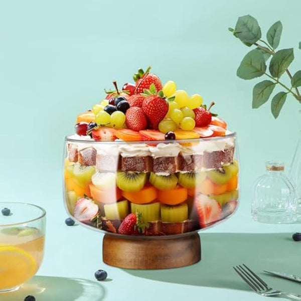 NiHome 123oz/3.6L Large Glass Trifle Bowl with Elegant Acacia Wood Stand, Versatile Serving Dish for Cakes, Salads, Desserts, Stylish Display for Parties, Weddings, Special Occasions