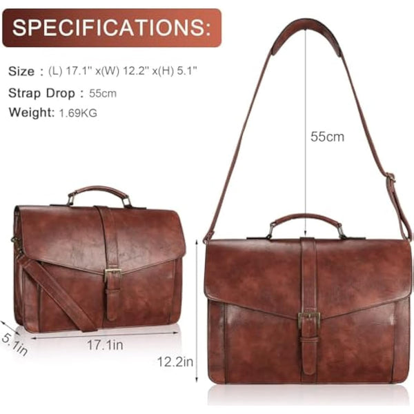 Estarer Leather Laptop Bag 17-17.3 Inch Mens Large Satchel Briefcase Shoulder Bag for Work Business Travel Brown