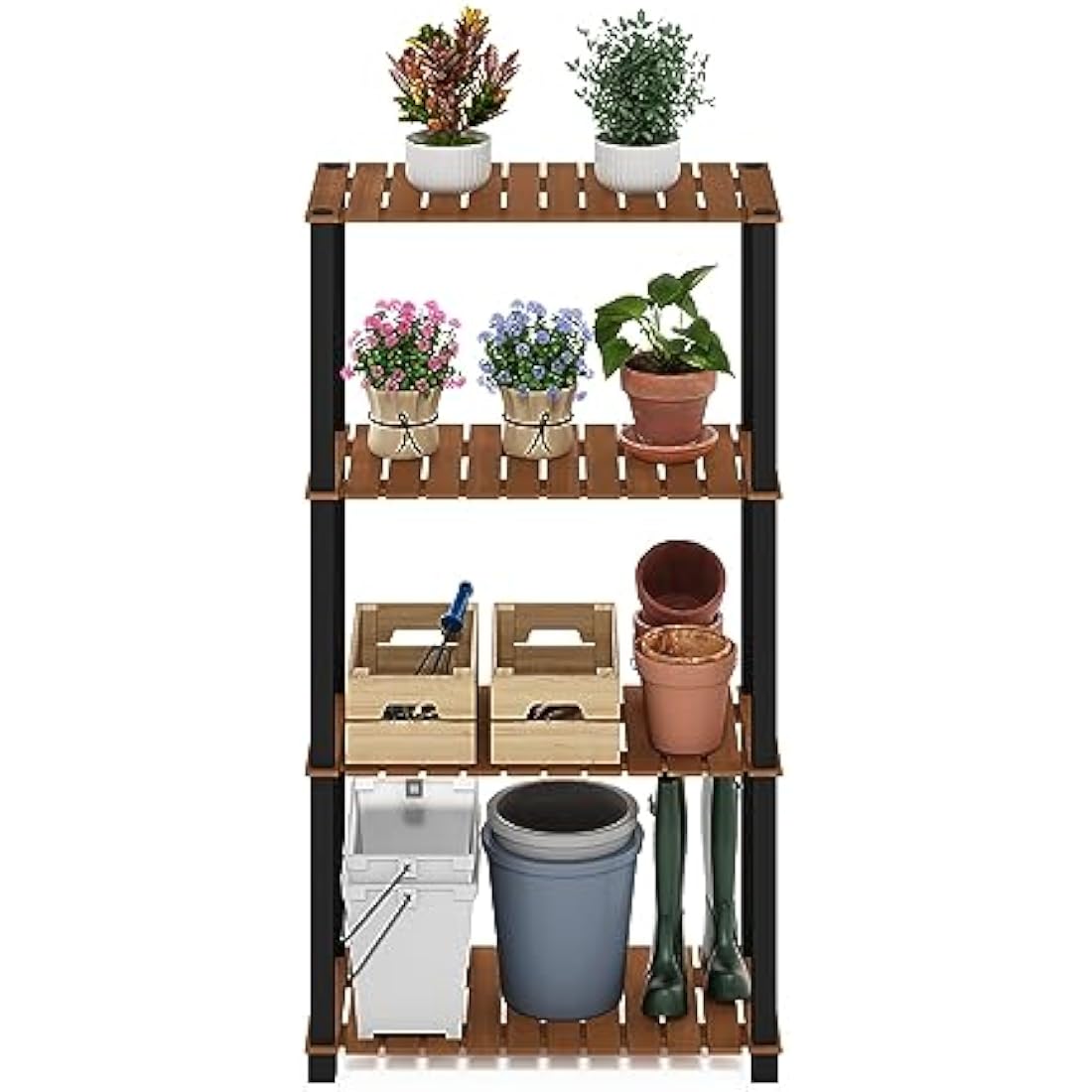 Furinno Pangkor 4-Tier Turn-N-Tube Indoor Outdoor Plant Shelf Wood Stand with Square Poles, Natural/Black