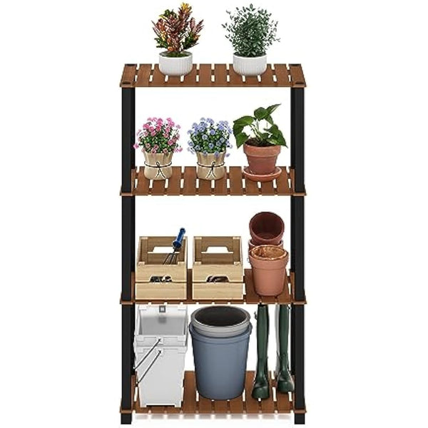 Furinno Pangkor 4-Tier Turn-N-Tube Indoor Outdoor Plant Shelf Wood Stand with Square Poles, Natural/Black
