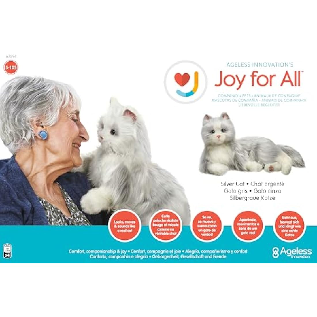 Ageless Innovation Joy For All Interactive Pet Cat - Lifelike & Realistic Companion with Soft Fur and Soothing Purrs, No Assembly Required - Silver With White Mitts