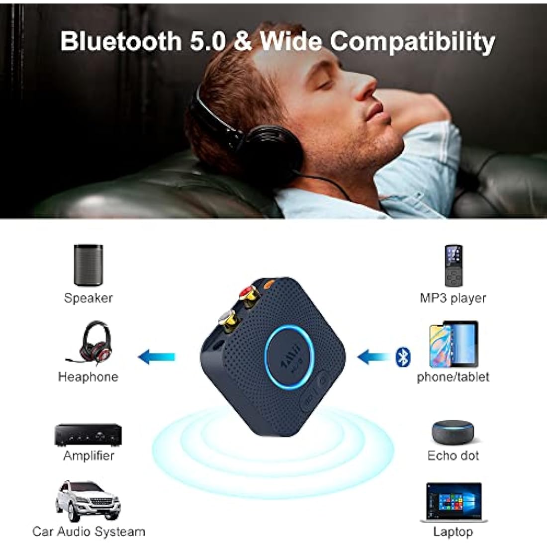 1Mii B06HD Bluetooth 5.1 Receiver for HiFi, aptX HD & Low Latency Bluetooth Audio Adapter with 3D Surround, RCA and 3.5mm Jack Audio Receiver for Music Streaming Sound System, 15Hrs Battery Life