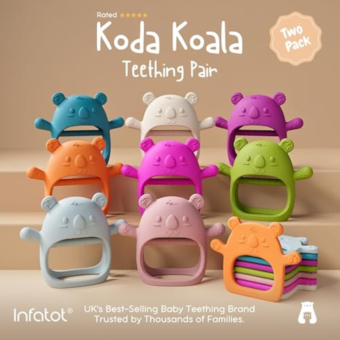 Infatot® Teething Toys for Baby Gifts – 2-Pack Koda Koala Teether Mitten Glove, Soothing Hand Teethers for Infants, Baby Toys 0-6 Months and Up, Newborn Essentials for Teething Relief, Cream