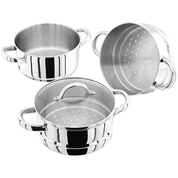 Judge Stainless Steel 3 Tier Steamer Set with 18cm 1L Casserole, 2 Steamers and Lid, Induction Ready, Gift Boxed - 25 Year Guarantee