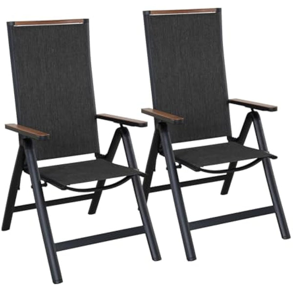 Grand patio folding chair, Aluminium garden chairs set of 2 with Armrest & Mesh breathable Seat, Adjustable 6 Position High Backrest, foldable dining chair for Outdoor, Garden, Dining room (Black)