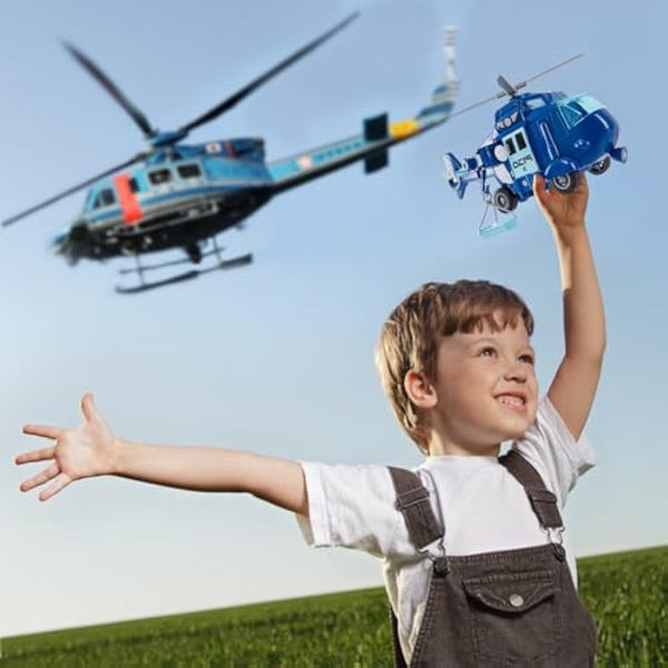 HERSITY Rescue Helicopter Toy Blue Police Plane with Light and Sound Push and Go Airplane Gifts for Kids Toddlers 3 4 5 Years Old