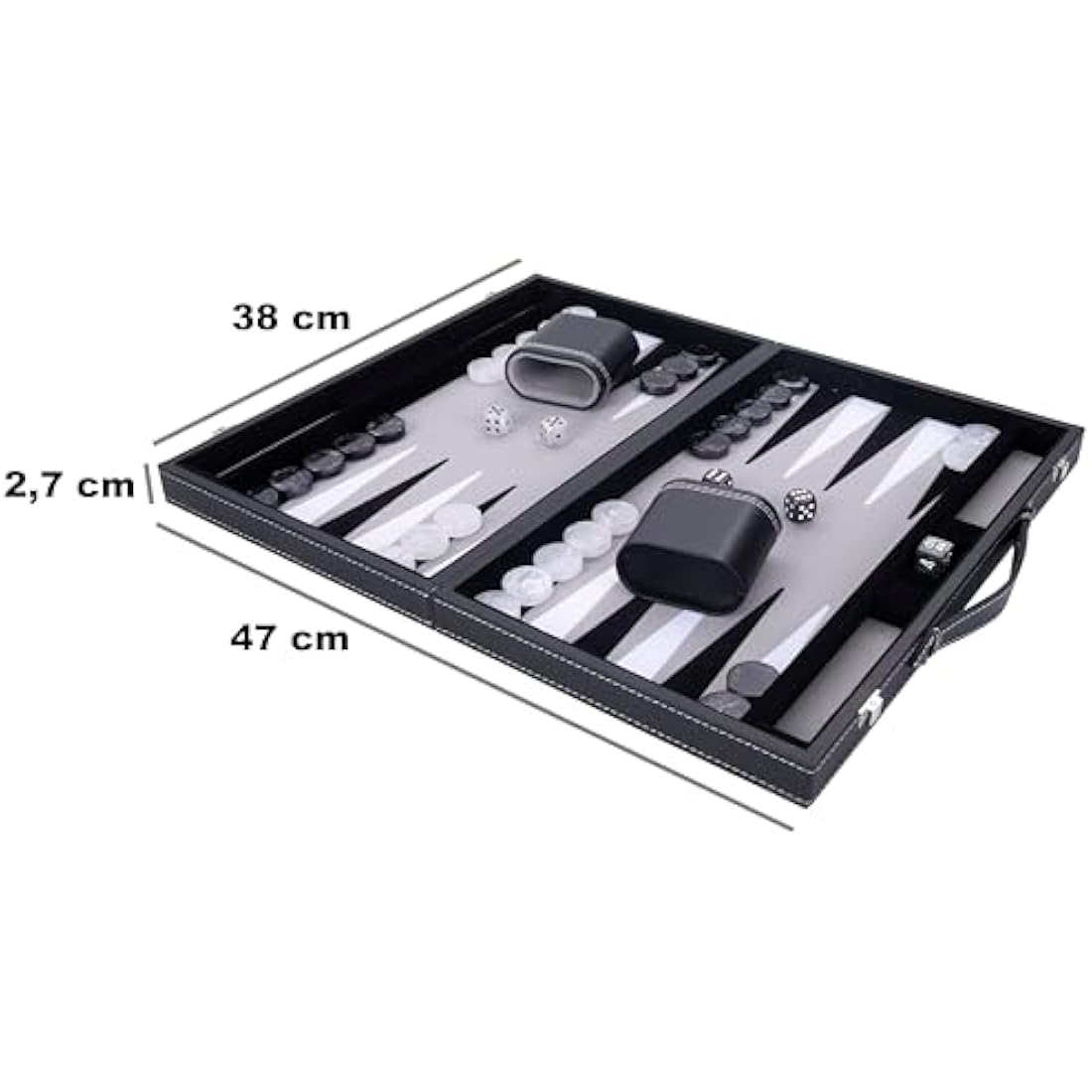 Engelhart - 250506 - Luxury Backgammon - Grey - 38 cm - 15 Inches - Faux Leather - Felt Inlay - Pearl Dice and Chips + 2 Cups - Strategy - Backgammon Game