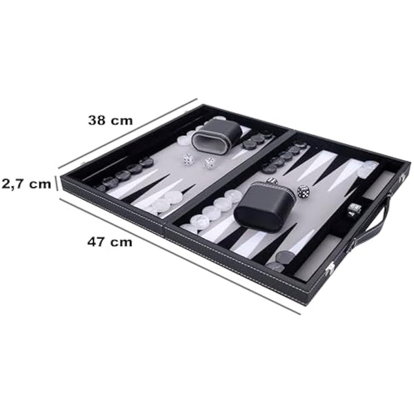 Engelhart - 250506 - Luxury Backgammon - Grey - 38 cm - 15 Inches - Faux Leather - Felt Inlay - Pearl Dice and Chips + 2 Cups - Strategy - Backgammon Game