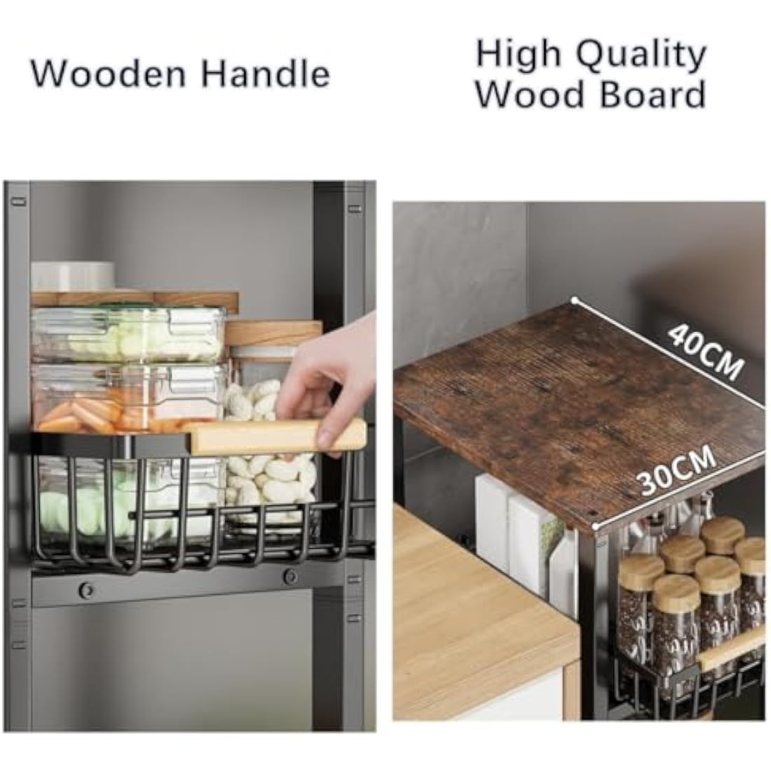 KOLENSA Metal Wire Baskets with Wheels, Stackable Storage Bins Kitchen Organizer Shelf, Multi Layer Fruit Vegetable Cart Dishes Seasonal Rack Freestanding with Pull Out Slide Drawer