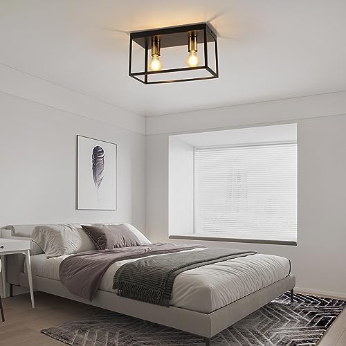 FORCOSO Black Ceiling Lights 2 Lights, Modern Industrial Ceiling Light E27 Flush Mount, LED Metal Cage Ceiling Light Fixture for Bedroom Living Room Kitchen Hallway Staircase max.60W - NO Bulb