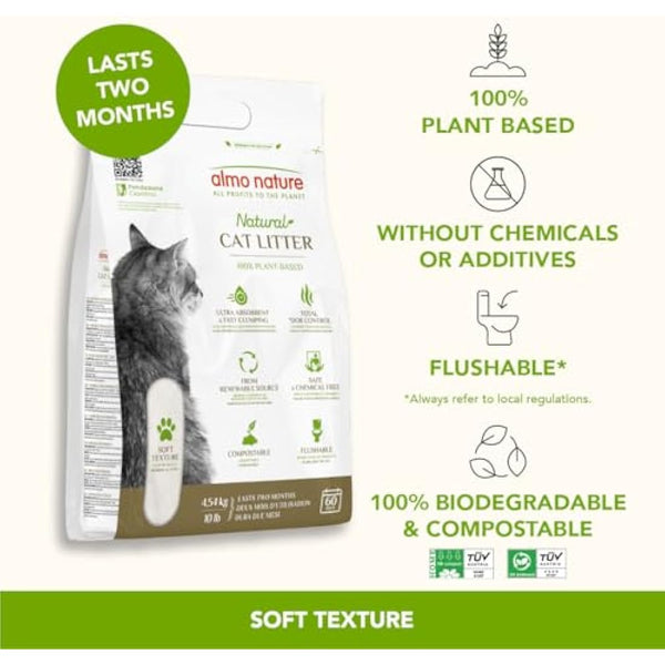 almo nature Cat Litter – Soft Texture | 100% Natural, Plant-Based | Non-Clumping, Non-Clay, Non-Silica | Odour-Free & Robot-Friendly - 4.54kg