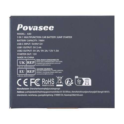 Povasee Jump Starter Power Pack, 2000A Car Battery Booster Jump Starter (up to 8L Gas or 6.5L Diesel) with 3" LCD Display, Car Starter with 2 USB Ports, Jump Leads and LED, Jump Pack for 12V Vehicles