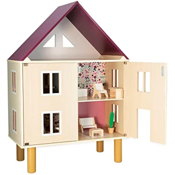 Janod - Twist Wooden Dollhouse - 11 Wood Accessories - Doll Furniture - Magnetic Doors - FSC Wooden Toy - 3 Years +, J06617