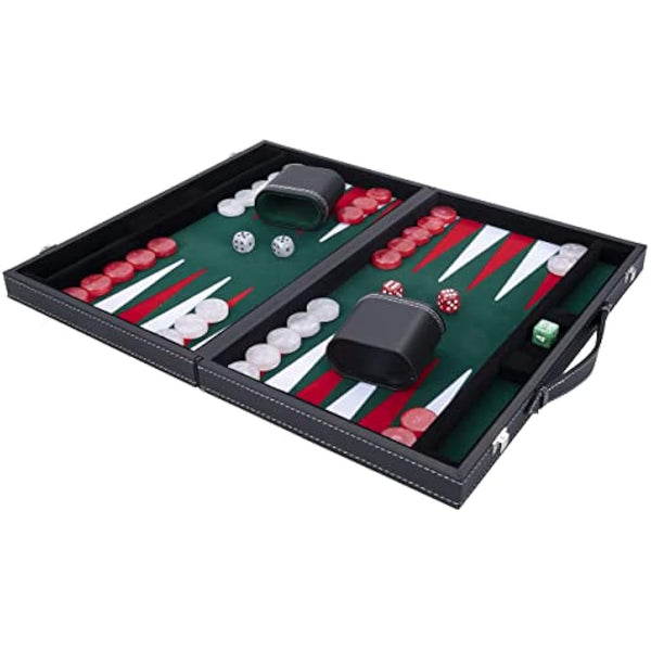 Engelhart - 250511 - Large Luxury Backgammon 18 Inches - Red - 45 cm - Faux Leather - Felt Inlay - Pearl Dice & Chips + 2 Cups - Strategy Game - Pro & Leisure