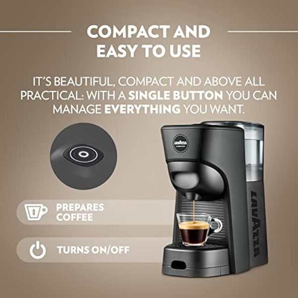 Lavazza, A Modo Mio Tiny Eco, Coffee Capsule Machine, Compact, Compatible with A Modo Mio Coffee Pods, with Automatic Shut-Off, Removable and Adjustable Cup Rest, 1450 W, 220-240 V AC, 50-60 Hz, Black