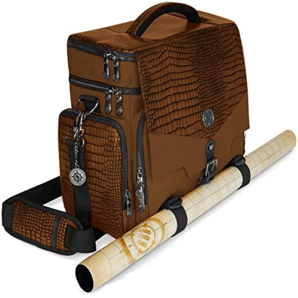 ENHANCE Table Games RPG Adventurer Bag - Dungeons and Dragons Travel Bag for Dungeon Masters with Padded Mini Figure Storage, Dice and Token Pockets, Holds 4-8 Books, Dragon Brown, Messenger Style