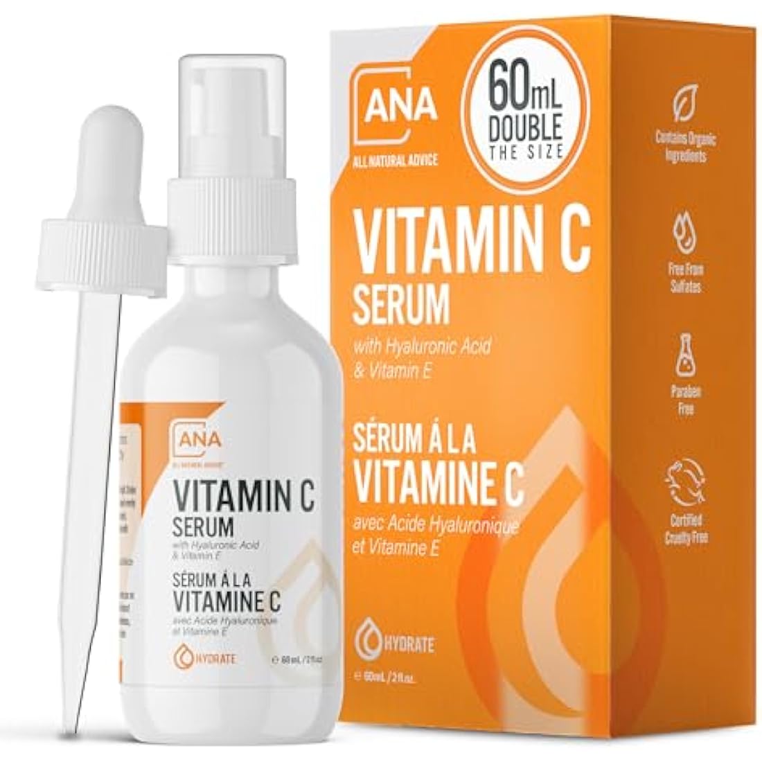 All Natural Advice Vitamin C Serum For Face with Hyaluronic Acid & Vitamin E – Facial Serum - Organic Face Care -Proud Canadian Company (60ml / 2oz)