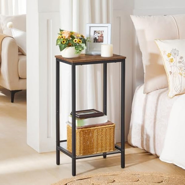 HOOBRO Tall Side Table, Industrial Telephone Table, Narrow Bedside Table with Adjustable Mesh Shelf, 2-Tier Small Coffee Table for Hallway, Living Room, Nightstand, Rustic Brown and Black EBF03DH01