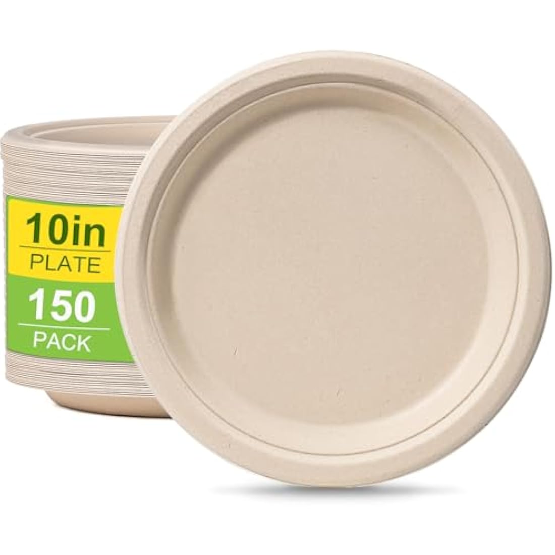 greensight Rigid Disposable Paper Plates Brown 10 inch 150 Pack Eco-Friendly, Sugarcane Strong Heavy Duty Large Compostable Dishes Tray for Party BBQ