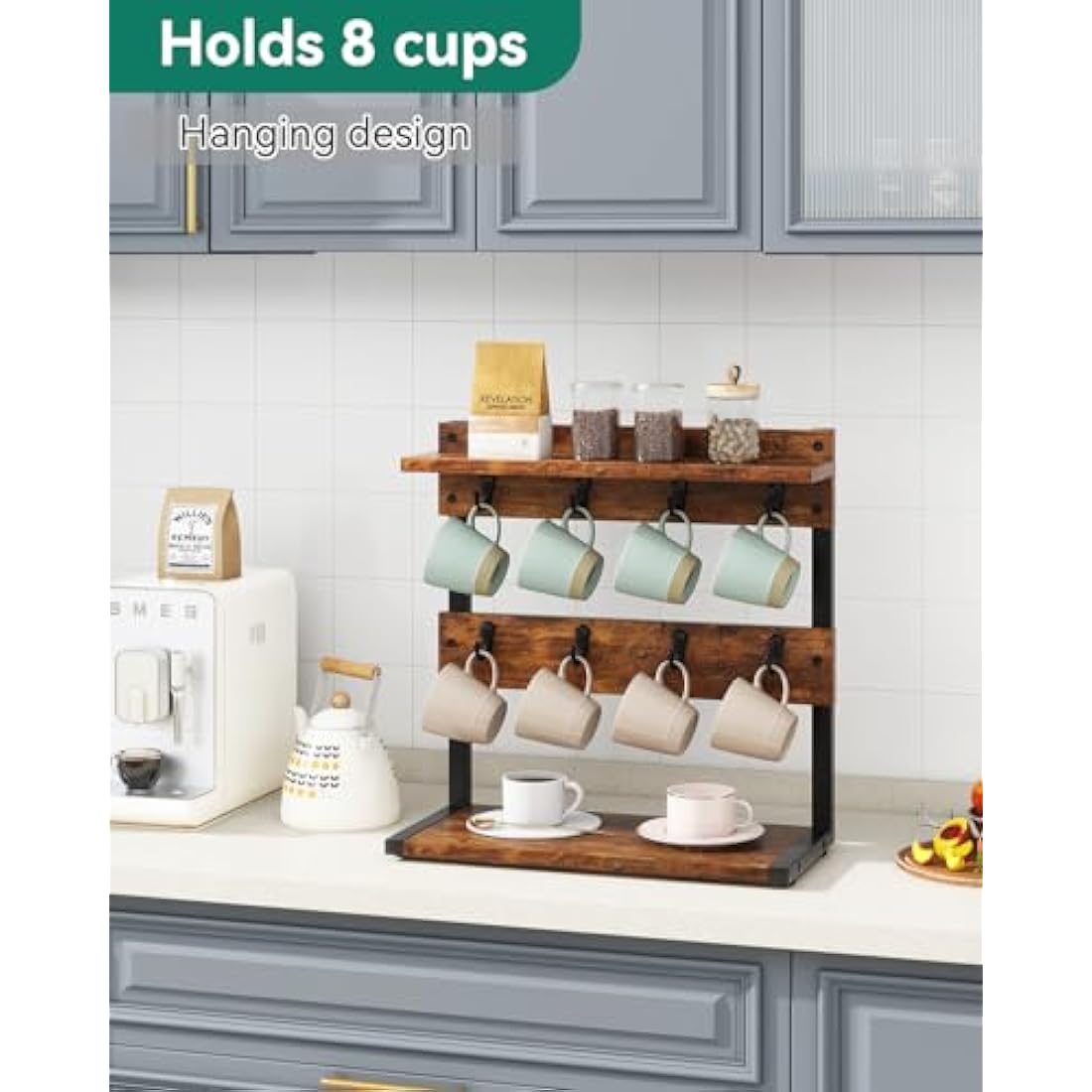 IBUYKE Rustic Coffee Mug Holder Stand, 2 Tier Countertop Mug Tree Holder Rack with Storage Base, Vintage Mug Holders for Kitchen, Holds 8 Mugs, Rustic Brown TBJ002H
