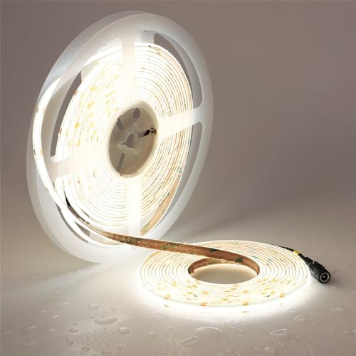 TOPAI 10M COB LED Strip Daylight White Waterproof, 24V LED Strip Lights 5000K, Outdoor IP65, CRI>93 Super Bright 7000Lm, 384LEDs/M Dotless Uniform LED Tape for Room Cabinet Home DIY Lighting Projects