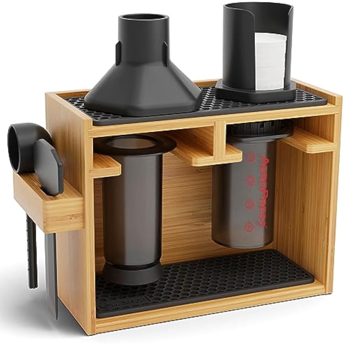 HEXNUB – Bamboo Organizer for AeroPress, Coffee Caddy Station Holds AeroPress Coffee Maker, Accessories, Filters, Cups, Stand includes Dripper Mats (Black)