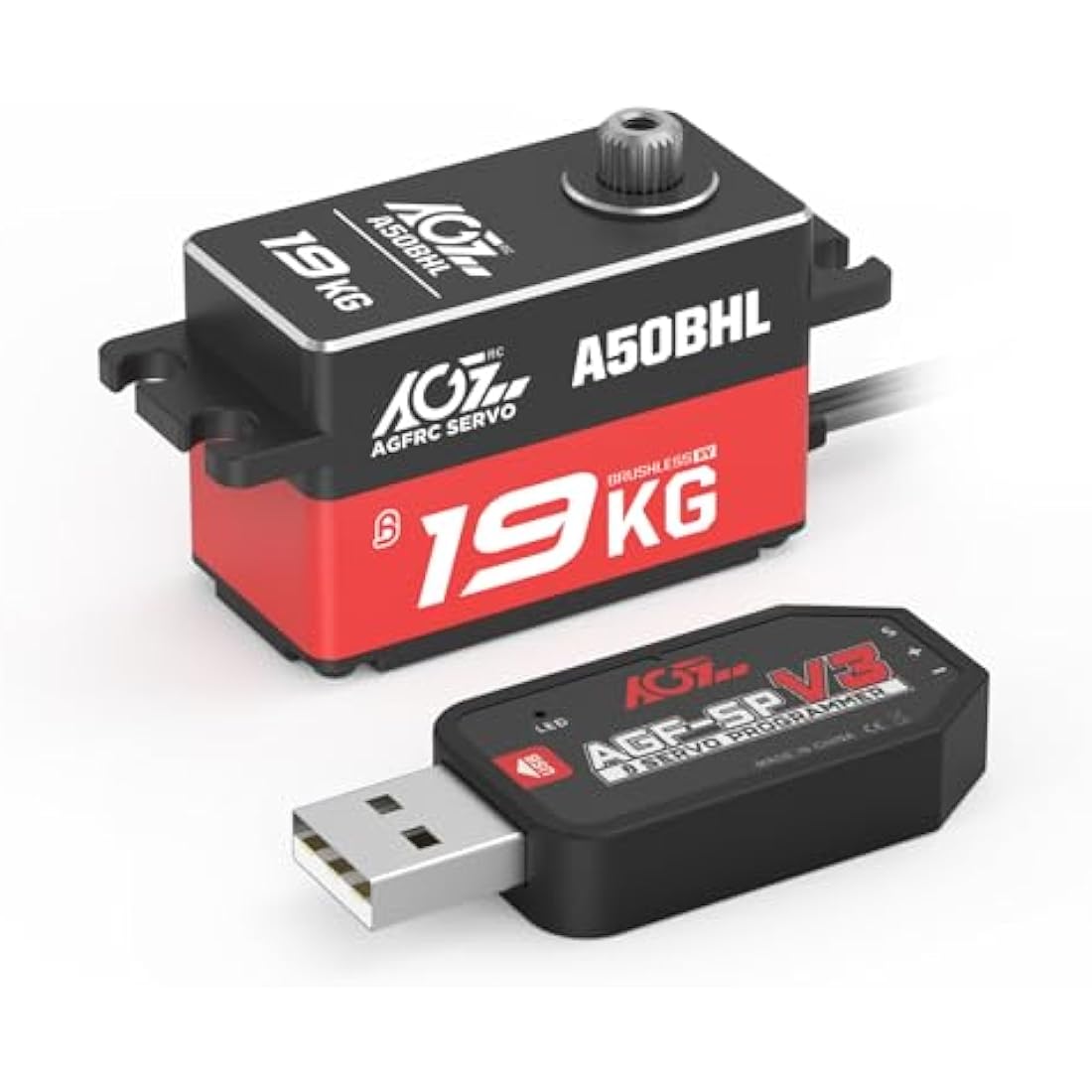 AGFRC 19KG Low-Profile High-Torque Programmable-Digital-Servo - Full Metal Gear CNC Case Brushless Servo for 1/10 RC Models, Control Angle 180° (A50BHL&AGF-SPV3)